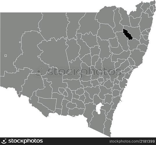 Black flat blank highlighted location map of the URALLA SHIRE AREA inside gray administrative map of districts of Australian state of New South Wales, Australia