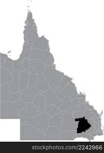 Black flat blank highlighted location map of the WESTERN DOWNS REGION AREA inside gray administrative map of areas of the Australian state of Queensland, Australia