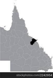 Black flat blank highlighted location map of the WHITSUNDAY REGION AREA inside gray administrative map of areas of the Australian state of Queensland, Australia