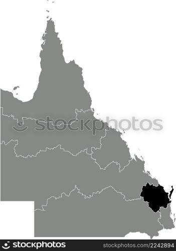 Black flat blank highlighted location map of the WIDE BAY?BURNETT REGION inside gray administrative map of regions of the Australian state of Queensland, Australia
