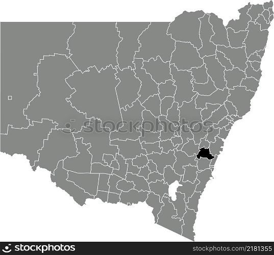 Black flat blank highlighted location map of the WOLLONDILLY SHIRE LOCAL GOVERNMENT AREA inside gray administrative map of districts of Australian state of New South Wales, Australia