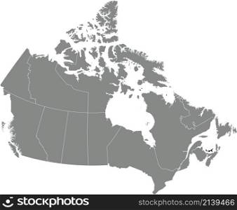 Black flat blank highlighted locator administrative map of the Canadian province of PRINCE EDWARD ISLAND inside gray flat map of CANADA