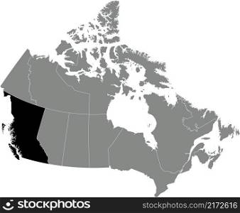 Black flat blank highlighted locator administrative map of the Canadian province of BRITISH COLUMBIA inside gray flat map of CANADA