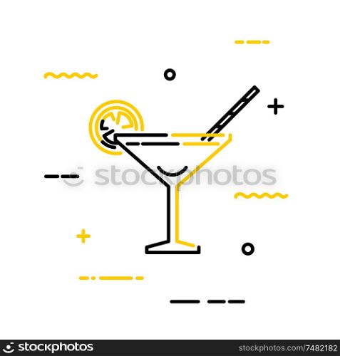 Black flat cocktail martini icon with lemon and straws on a white background. Vector illustration. Linear style