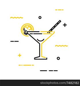 Black flat cocktail martini icon with lemon and straws on a white background. Vector illustration. Linear style
