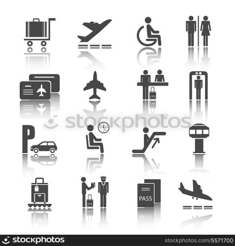 Black flat shadowed airport travel icons set with airplane luggage passenger isolated vector illustration