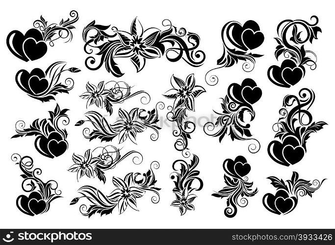 Black floral design element. Big set of black floral design element with hearts