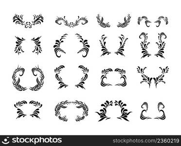 Black floral ornament elements collection isolated on white. Black floral ornament set. Ornate art frames