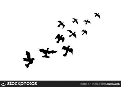 Black flying pigeons icon. Flying bird illustration symbol. Sign flock dove vector flat.