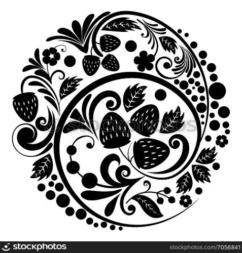 Black folk floral ornament with strawberries illustration.