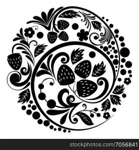 Black folk floral ornament with strawberries illustration.