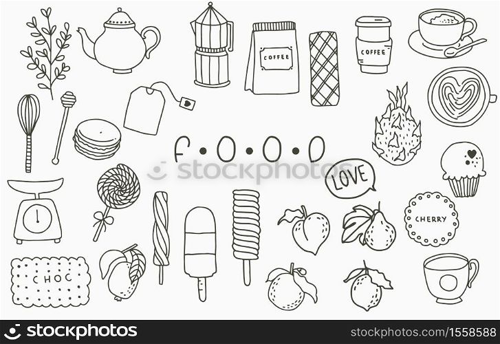 Black food line collection with pot,peach,fruit,ice cream,coffee,tea.Vector illustration for icon,logo,sticker,printable and tattoo