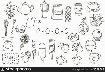 Black food line collection with pot,peach,fruit,ice cream,coffee,tea.Vector illustration for icon,logo,sticker,printable and tattoo