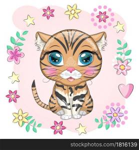 Black footed cat with beautiful eyes in cartoon style, colorful illustration for children. Felis nigripes cat with characteristic spots and colors. Black footed cat with beautiful eyes in cartoon style