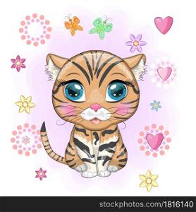 Black footed cat with beautiful eyes in cartoon style, colorful illustration for children. Felis nigripes cat with characteristic spots and colors. Black footed cat with beautiful eyes in cartoon style