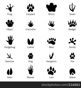 Black footprints shapes of animals. Elephant, leopard, reptile and tiger. Different steps animals frog and rhino, swan and hippo, crocodile and turtle illustration. Black footprints shapes of animals. Elephant, leopard, reptile and tiger. Different steps
