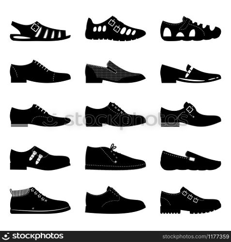 Black footwear icon set. Boots, sniekers signs, shoes icons vector silhouettes isolated on white background. Black footwear icon set. Boots, sniekers signs, shoes icons silhouettes isolated on white background