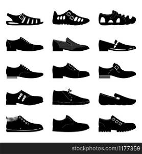 Black footwear icon set. Boots, sniekers signs, shoes icons vector silhouettes isolated on white background. Black footwear icon set. Boots, sniekers signs, shoes icons silhouettes isolated on white background