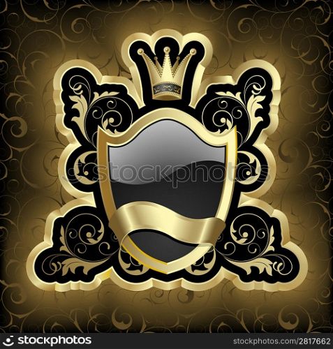 Black-framed label with gold abstract plant and ribbon