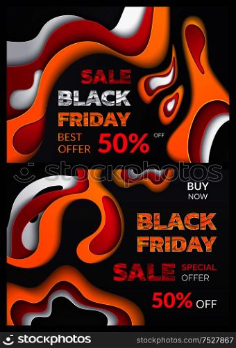 Black Friday, 50 percent off price abstract designed posters vector. Autumn shopping, sellout of shops and stores. Discounts and clearance trade deal. Black Friday, 50 Percent Price Abstract Posters