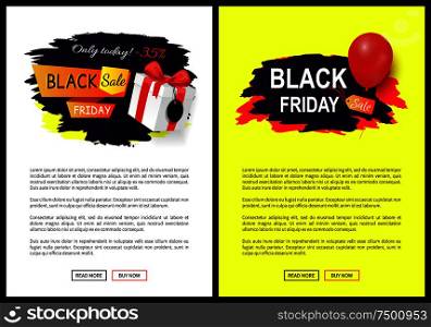 Black Friday advertising badges info about price reduction, discounts on goods. Promo labels with red balloon and gifts vector on web posters, price tags. Black Friday Sale Tags, Advertising Badges Balloon