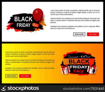 Black Friday advertising badges info about price reduction, discounts on goods. Promo labels with red balloon and gifts vector on online sites templates. Black Friday Sale Tags, Advertising Badges Balloon
