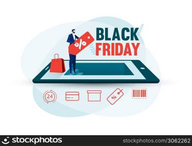 Black Friday and online shopping concept. businessman special offers discount by internet with a laptop design vector illustration