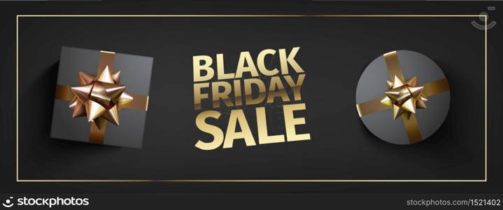 Black friday banner with black giftbox decorated with golden ribbon. Black friday banner with black giftbox decorated with golden ribbon on black background.