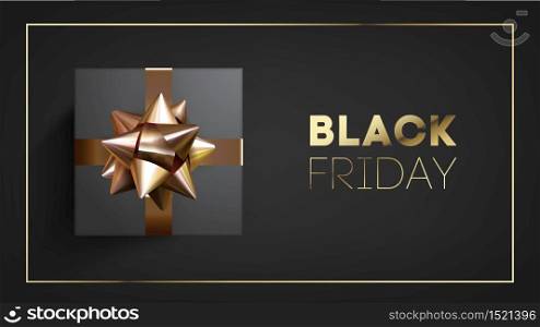 Black friday banner with black giftbox decorated with golden ribbon on black background top view.. Black friday banner with black giftbox decorated with golden ribbon on black background.