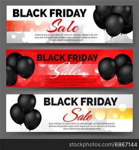 Black friday banners with balloons. Vector black friday horizontal banners with black balloons and bokeh lights for bargain sale