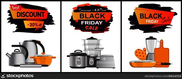 Black Friday best sale advert kitchenware and electronics on white background. Vector illustration of festive discount clearance set of promo posters. Black Friday Best Sale Advert Vector Illustration