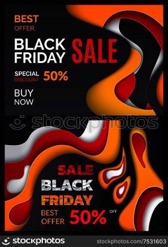 Black friday best sale, reduction of price 50 percent vector. Holiday offers and proposals of shops for clients customers. Sellout discounts of stores. Black Friday Best Sale, Price Reduction 50 Percent