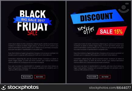 Black Friday big sale 2017 promo web posters with advertising information about discounts on painted stroke in dark color inscription landing page. Black Friday Big Sale 2017 Promo Web Posters Info