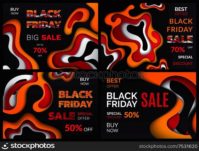 Black Friday big sale 70 and 50 percent reduced vector. Reduction of price and abstraction, abstract design. Autumn sellout products promotion set. Black Friday Big Sale 70 and 50 Percent Reduced