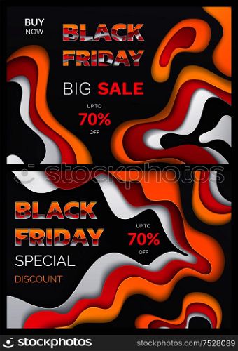 Black Friday, big sale with 70 percent reduction off price vector. Abstract design on promotional posters clearance of shops and stores. Discounts set. Black Friday, Big Sale with 70 Percent Reduction