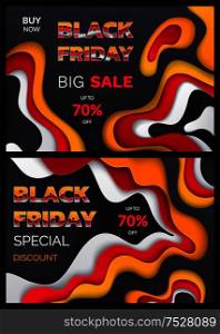 Black Friday, big sale with 70 percent reduction off price vector. Abstract design on promotional posters clearance of shops and stores. Discounts set. Black Friday, Big Sale with 70 Percent Reduction