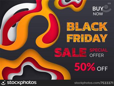 Black Friday blowout of prices, sale up to half price, buy now. Super deal only one day, wholesale advert. Flyer, special offer 50 percent off vector template. Black Friday Flyer Special Offer 50 Percent Vector