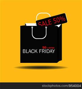 Black Friday concept Black paper cut bag with 50% offer tag Sale. Black friday banner for promote. Vector illustration isolated on yellow background