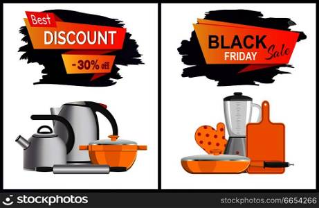 Black Friday discount advert o white background. Vector illustration with electrical teapot, blender and kitchenware surrounding sign set of banners. Black Friday Discount Advert Vector Illustration