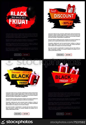 Black friday discount, sales and clearance web pages vector. Promotion of goods, exclusive products special sellout and offers. Presents and balloon. Black Friday Discount, Sales and Clearance Web
