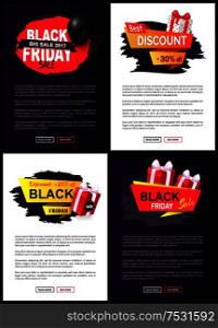 Black friday discount, sales and clearance web pages vector. Promotion of goods, exclusive products special sellout and offers. Presents and balloon. Black Friday Discount, Sales and Clearance Web