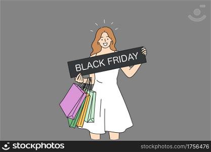 Black Friday, discount, sales concept. Happy positive young woman cartoon character screaming holding black friday sign in hands and various colorful shopping bags isolated vector illustration . Black Friday, discount, sales concept