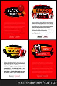 Black friday discounts and clearance web pages vector. Promotional posters with presents and gifts, shop sellout of exclusive goods. Offers and sale. Black Friday Discounts and Clearance Web Pages
