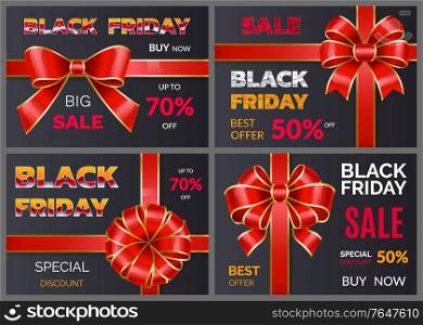 Black friday discounts set and sale for autumn event. Percent off price, buy now. Promotional poster with decorative ribbon bow. Reduction of cost for shoppers in all shops and stores, vector on black. Black Friday Big Sale 70 Percent Off Price Poster