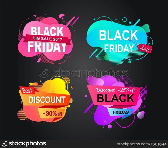 Black Friday discounts vector, banners with sales isolated stickers with abstract design and stripes, sales and selling of product, wholesale and retail. Black Friday Banners with Sales, Shops Promotion