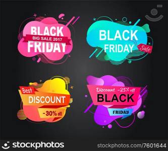 Black Friday discounts vector, banners with sales isolated stickers with abstract design and stripes, sales and selling of product, wholesale and retail. Black Friday Banners with Sales, Shops Promotion