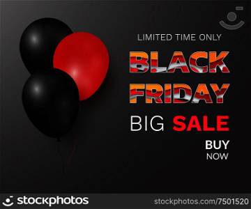 Black Friday festive special offer, big sale, balloons. Autumn holidays price reduction, discount for all goods, shopping banner vector illustration. Black Friday Festive Offer, Big Sale, Balloons