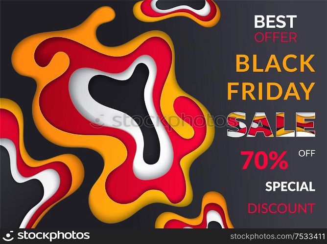 Black Friday final discounts vector poster. Sale, special discount 70 percent off, promo with 3D effects. Best offer, flyer info about price reduction. Black Friday Final Discounts Vector Sale Poster