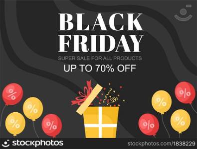 Black Friday Give Big Discount Sale For All Products with Gift Box, Ribbon, Balloon For Poster, Banner, Promotion or Background Vector Illustration