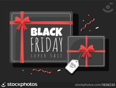 Black Friday Give Big Discount Sale For All Products with Gift Box, Ribbon, Balloon For Poster, Banner, Promotion or Background Vector Illustration